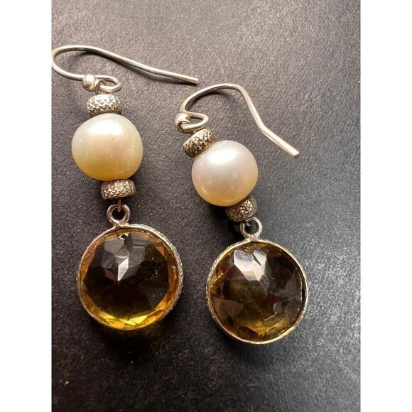 Citrine and pearl sterling silver dangle earrings - Picture 13 of 16